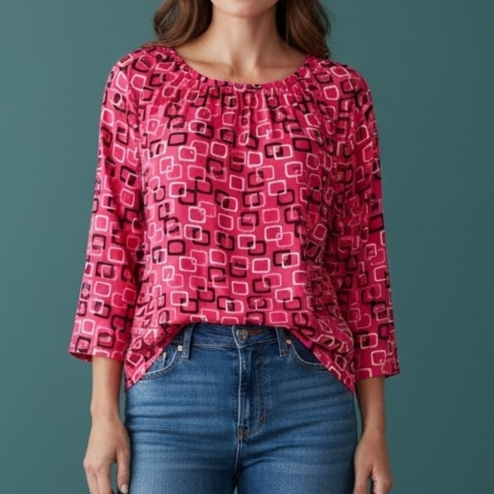 INVESTMENTS Hot Pink Geometric Mod Quarter Sleeve Blouse